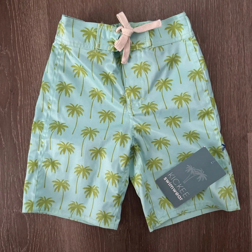 KicKee Pants Swim Trunks Boys XS 5/6 Summer Sky Palm Trees BTN1341